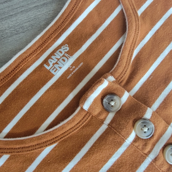 Lands' End Orange & White Striped Quarter Button Short Sleeve Cotton Top - Sz L - Picture 5 of 7